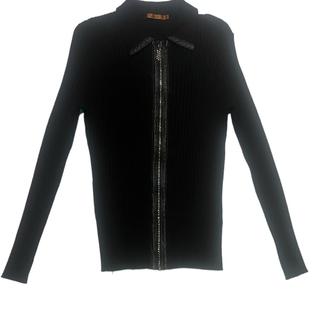 NWOT Ribbed Black Rhinestone Zipper Collared Sweater